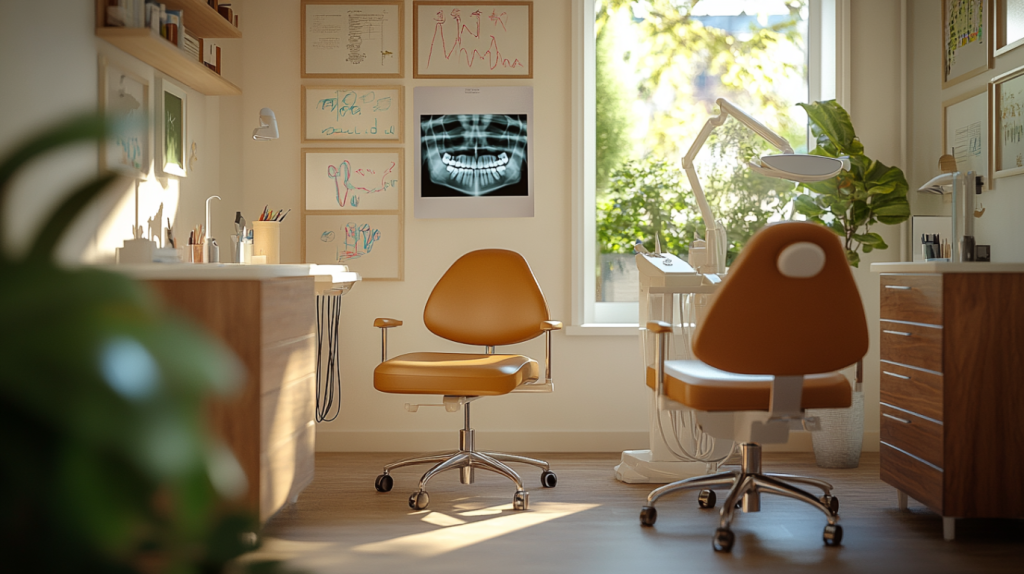自然光が差し込む歯科コンサルルーム。パノラマレントゲンが壁に掲示され、二脚の椅子が斜めに配置されている