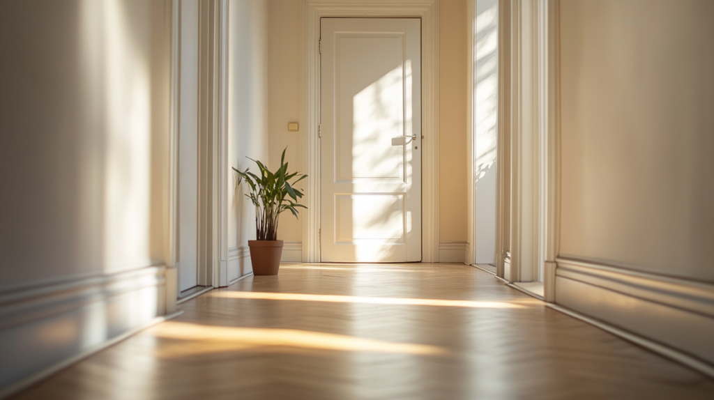 朝の柔らかい光が差し込む廊下やドアが開いた瞬間。「最初の一歩を踏み出す」というメタファー。