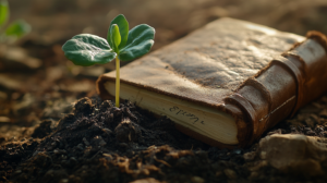 新しいスタートを象徴する「種まき」「芽吹き」のメタファー。土から出る新芽、ノートに書かれた記録、学びの積み重ねを静かに表現。