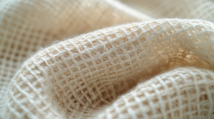 「異なる糸が一つの布を織りなす」—関係性の質がスタッフの定着を支えるというメタファー。 織物の表面のクローズアップで、複数の糸が穏やかに交差しながら一枚の布になっている様子。