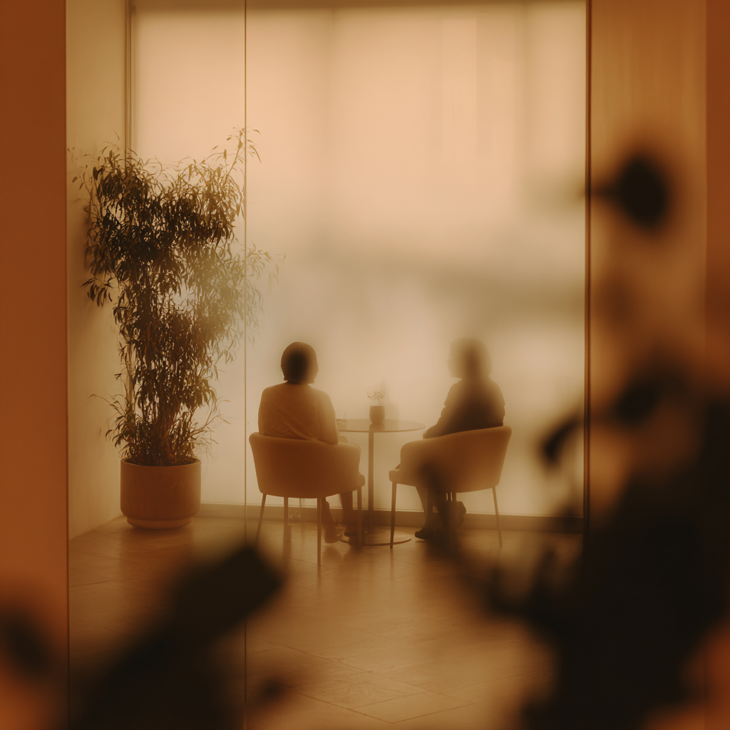 患者とスタッフが穏やかに対話するような温かみのある空間。直接的な歯科器具は避け、柔らかな光と信頼を感じさせる雰囲気。