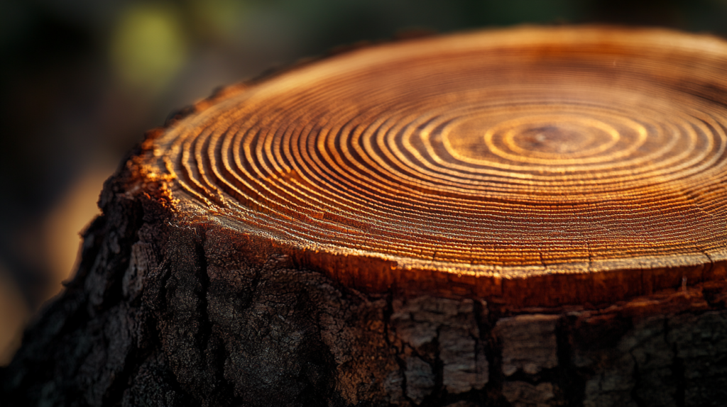 木の年輪の断面。中心から外側へ同心円状に広がる成長の軌跡が、温かな光に照らされている