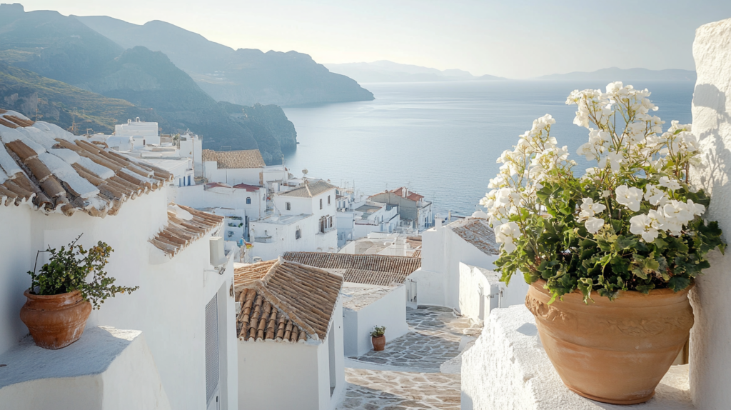 高い視座から街並みを見渡すイメージ：白い地中海の街を俯瞰する風景