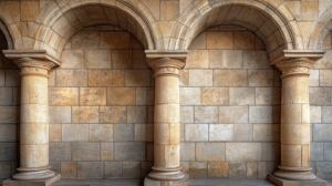 方向性メモ：2つの異なる役割が調和して一つの構造を支えるイメージ。「任せる」と「担う」のバランスを、建築的な安定構造（アーチ、石積み）で表現。