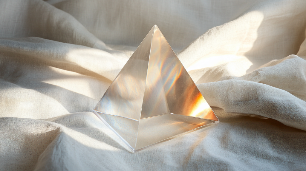 「構造で見る」「思考の技術」。抽象的な知識が実体を帯びていくイメージ。光が拡散しながら屈折・透過するガラスや水の構造をメタファーにして「見方が変わる瞬間」を表現する。